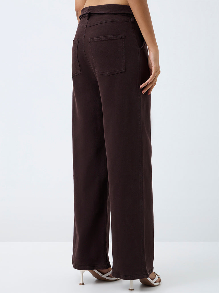 LOV Dark Brown Fold-Over Waist Mid-Rise Jeans with Belt