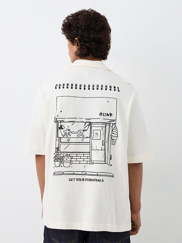 Nuon Off-White Graphic Printed Relaxed-Fit Cotton Shirt