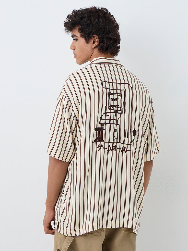 Nuon Beige Striped Relaxed-Fit Shirt