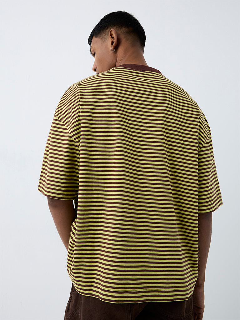 Nuon Lime Green Striped Relaxed-Fit Cotton T-Shirt