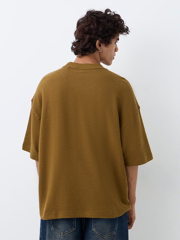 Nuon Dark Mustard Cityscape Printed Oversized-Fit Cotton T-Shirt