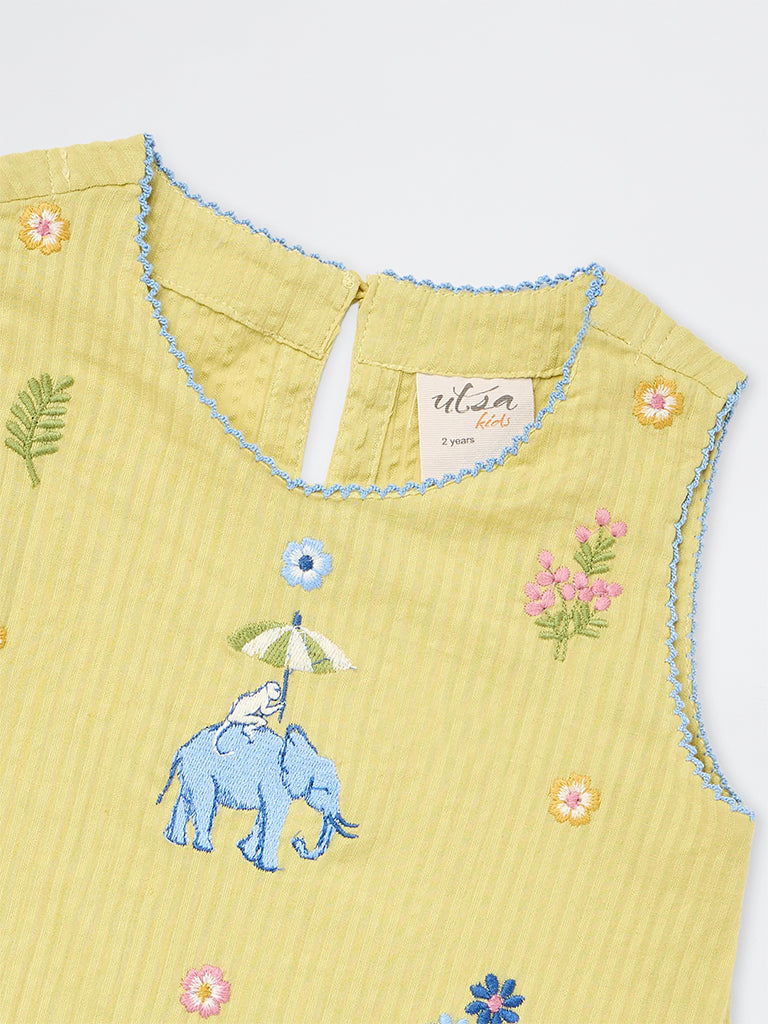 Utsa Kids Girls Yellow Embroidered Cotton Sheath Dress - (2-8 yrs)