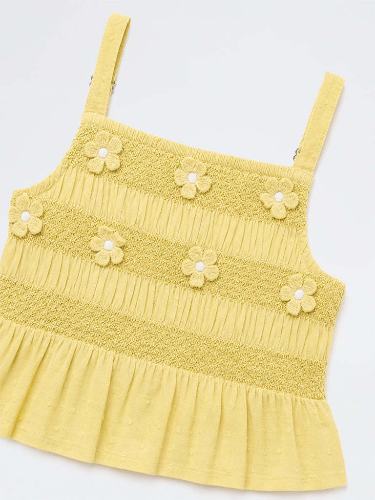 Utsa Kids Girls Yellow Floral Embroidered Cotton Peplum Top - (2-8 yrs)