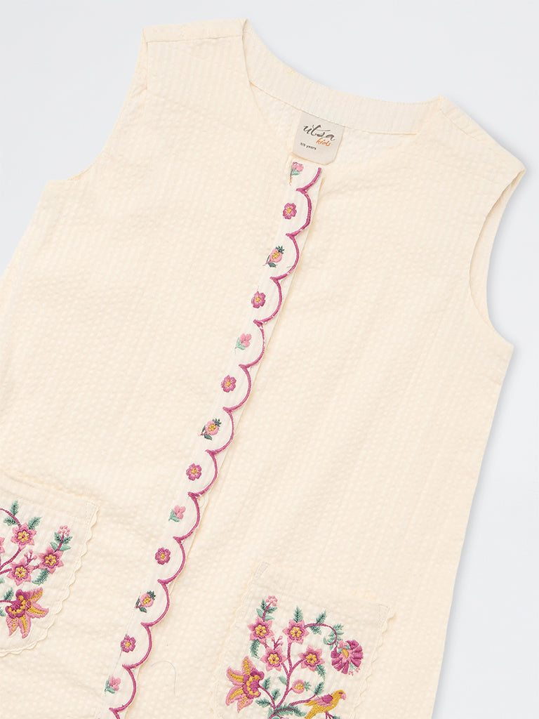 Utsa Kids Girls Cream Floral Embroidered Cotton A-Line Dress - (8-14 yrs)