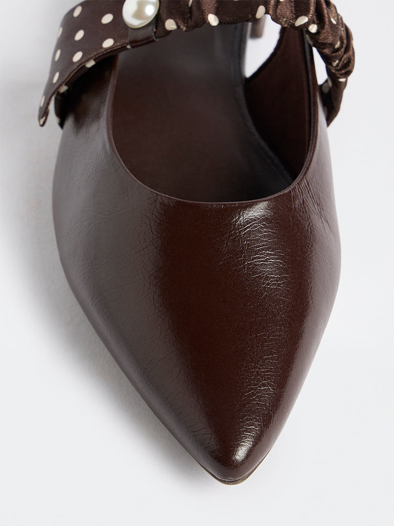 LUNA BLU Brown Polka-Dot Printed Pearl Strap Shoes