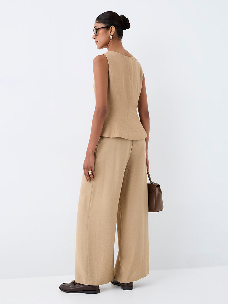 Wardrobe Beige High-Rise Pleated Trousers with Belt