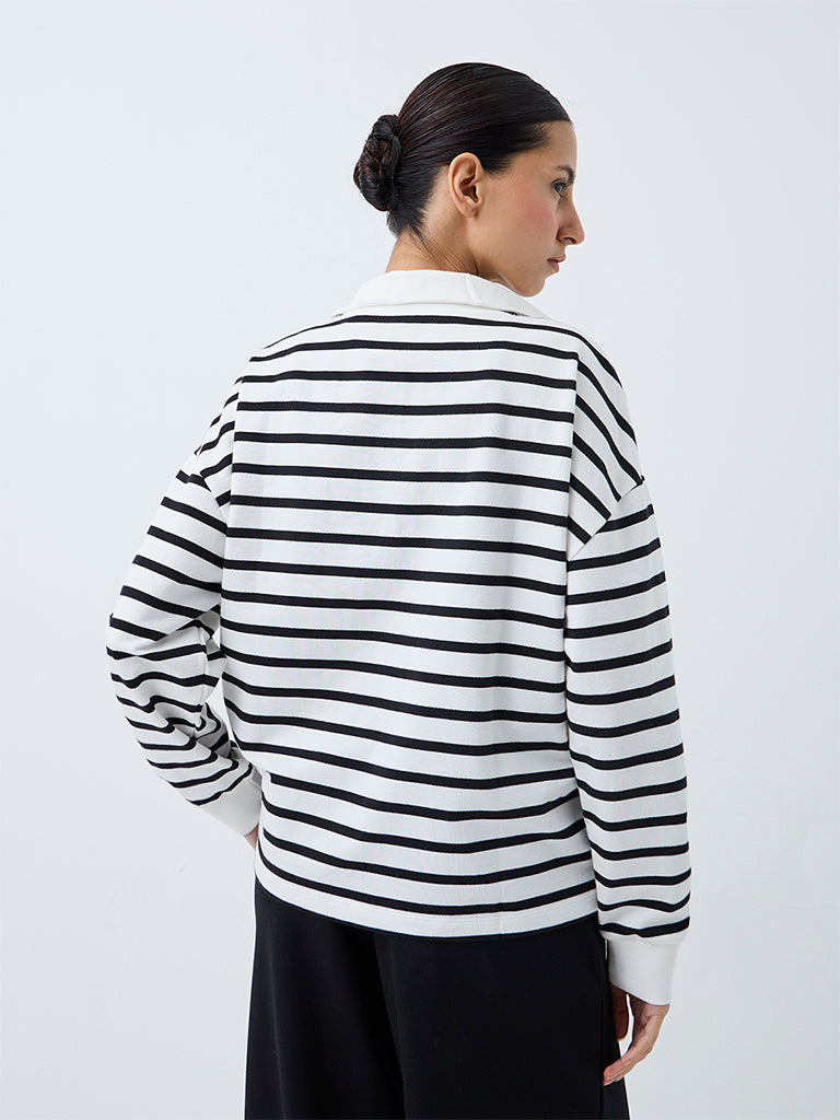 Nuoflexx White Striped Quarter-Zip Cotton Sweatshirt