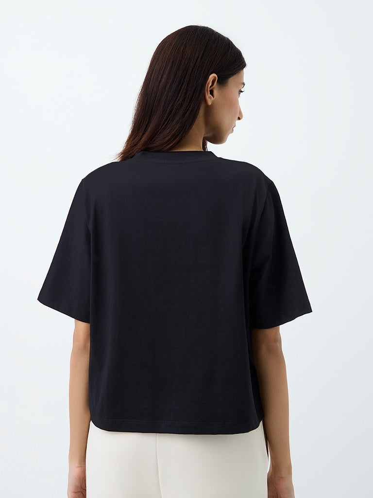 Nuoflexx Black Text-Embroidered Cotton T-Shirt