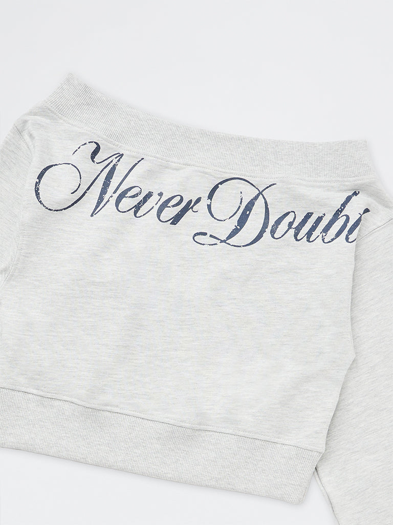 Girls Grey Text Printed Off-Shoulder Cotton-Blend Sweatshirt