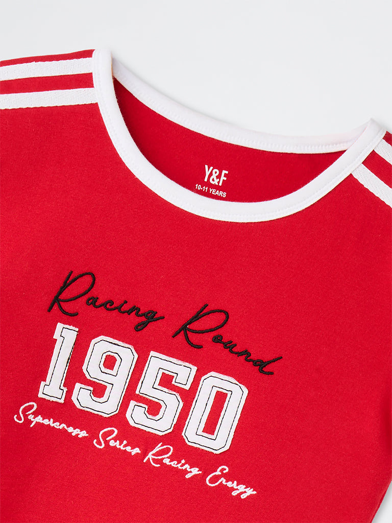 Girls Red Numerical Design Cotton-Blend T-Shirt