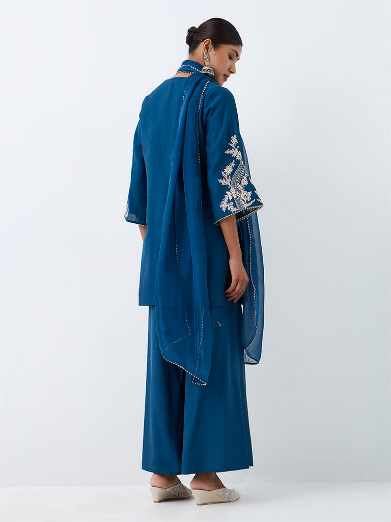 Vark Dark Blue Floral Embroidered Straight Ethnic Set