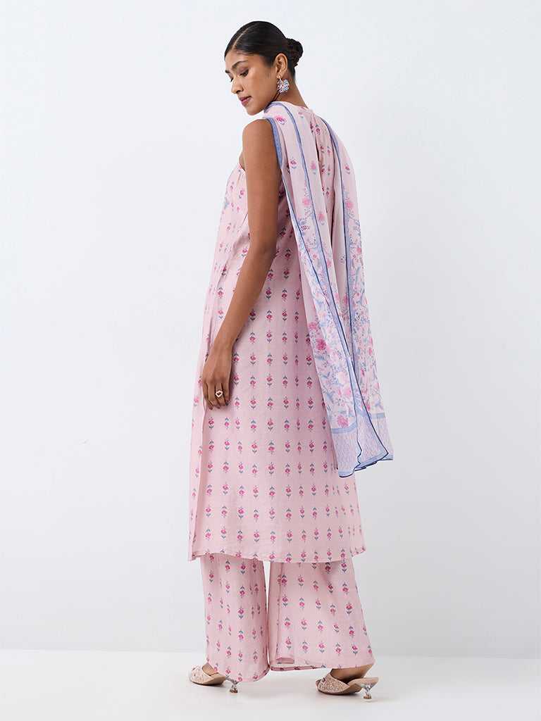 Vark Pink Floral Printed A-Line Ethnic Set