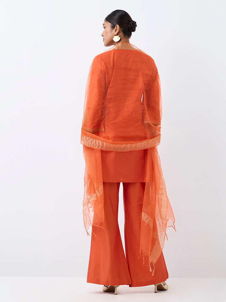 Vark Orange Floral Embroidered Straight Ethnic Set