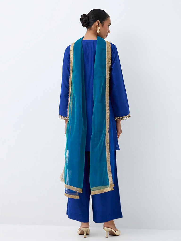 Vark Dark Blue Floral Embroidered Ethnic Set
