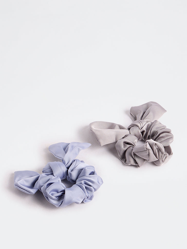 Westside Accessories Light Blue and Grey Bow-Detail Satin Scrunchies - Pack of 2