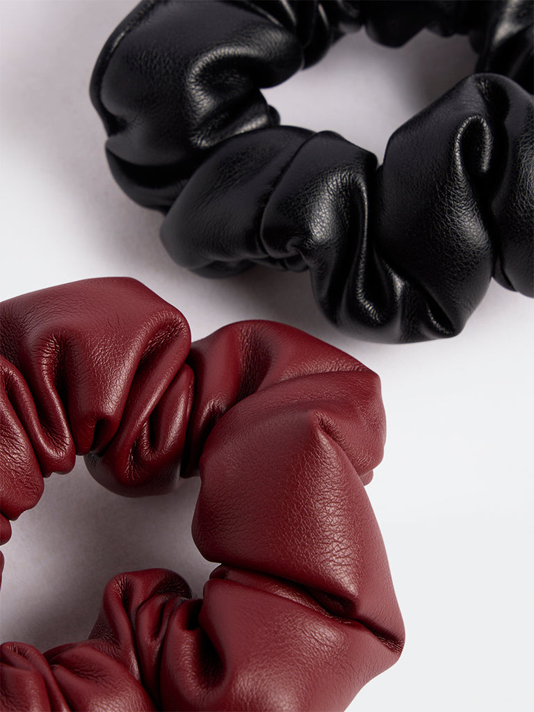 Westside Accessories Black and Burgundy Faux Leather Scrunchies - Pack of 2