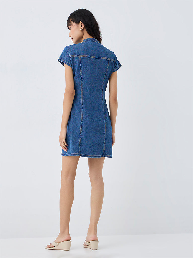Nuon Blue Straight Denim Dress with Frog Fastening