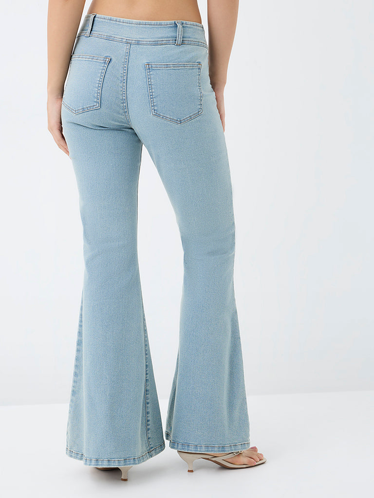 Nuon Light Blue Buckle-Detail High-Rise Flared Jeans