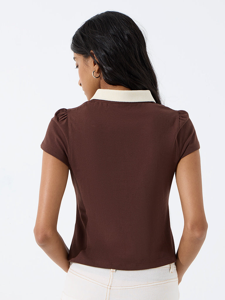 Nuon Brown Solid Cotton-Blend T-Shirt