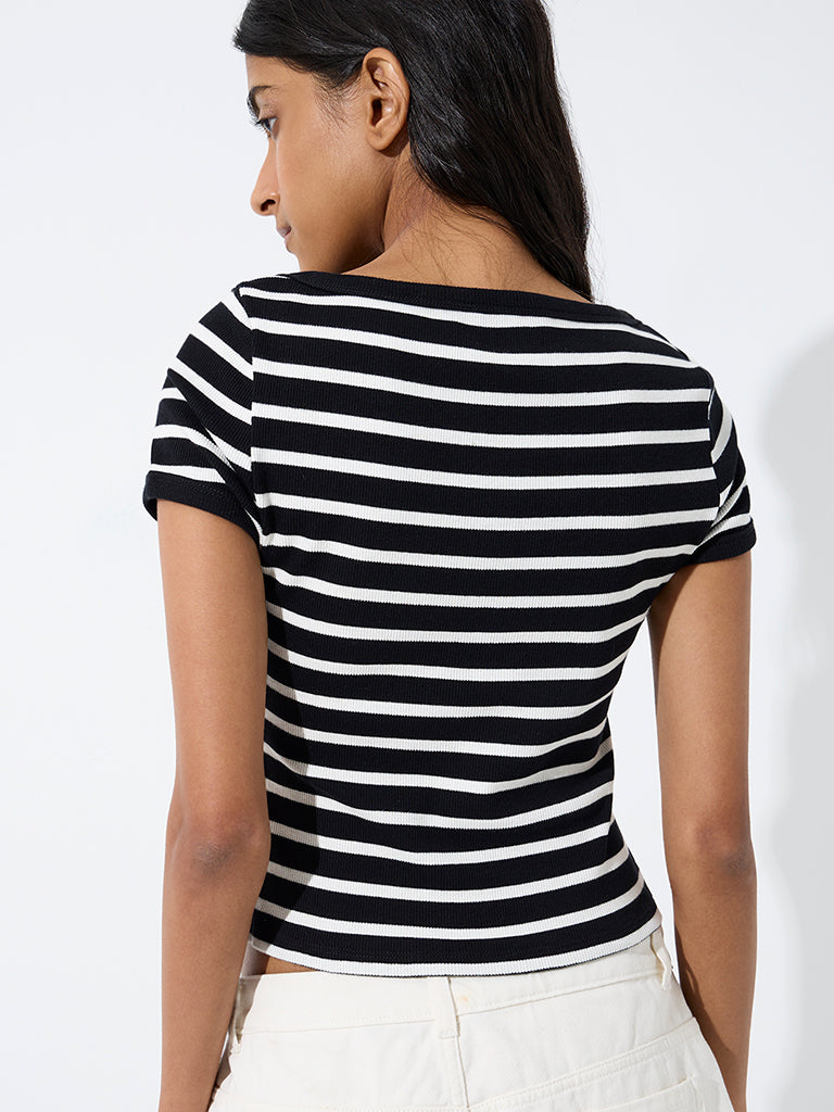 Nuon Black Striped Cotton-Blend T-Shirt