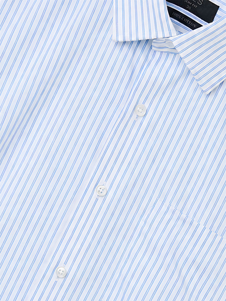 WES Formals Light Blue Striped Slim-Fit Cotton Shirt