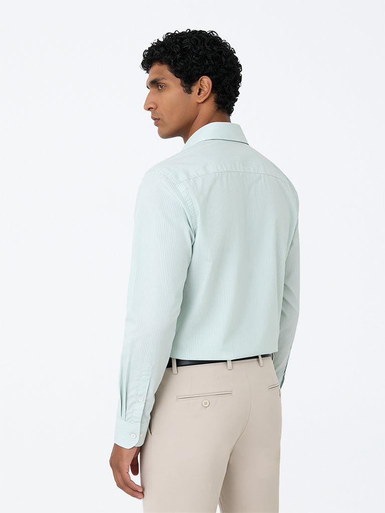 WES Formals Mint Striped Slim-Fit Cotton Shirt