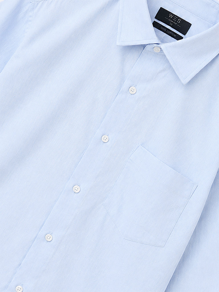 WES Formals Light Blue Solid Slim-Fit Cotton Shirt