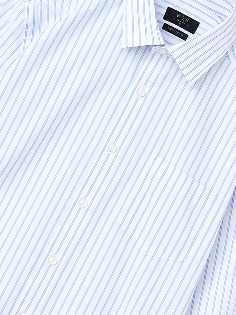 WES Formals Light Blue Striped Slim-Fit Cotton Shirt