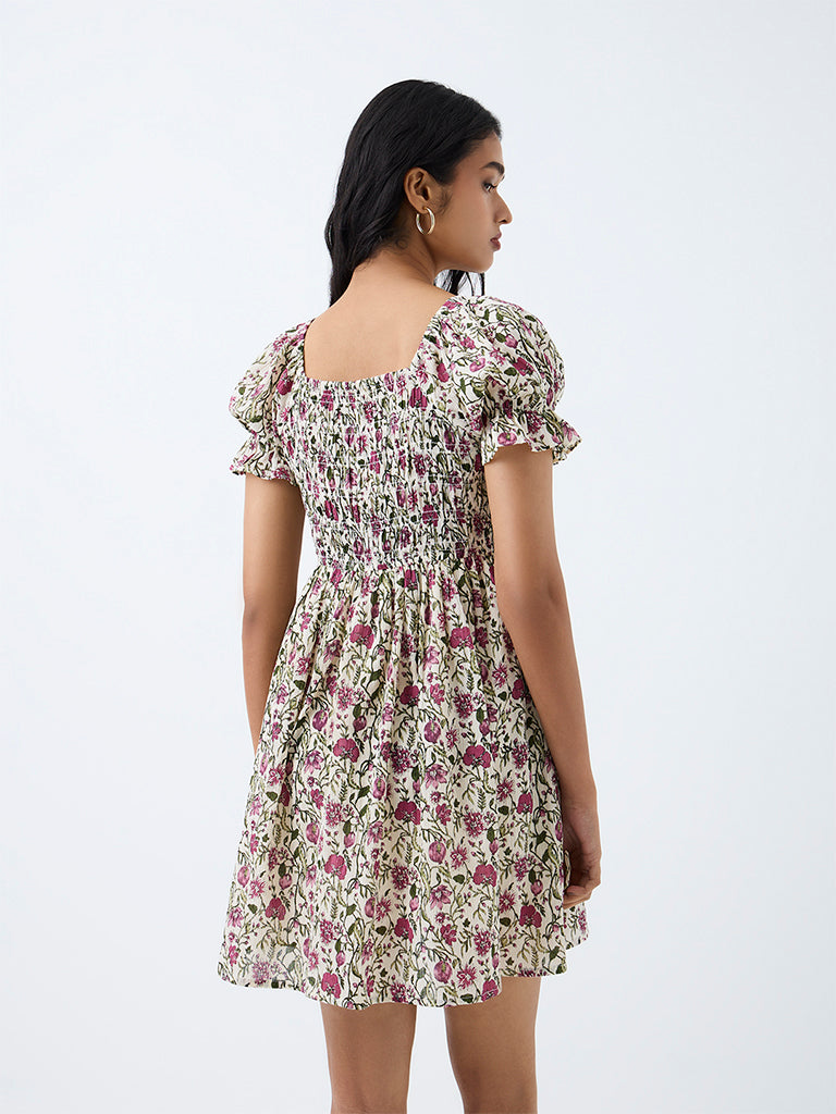 Bombay Paisley Off-White Floral Printed Cotton Fit-and-Flare Mini Dress