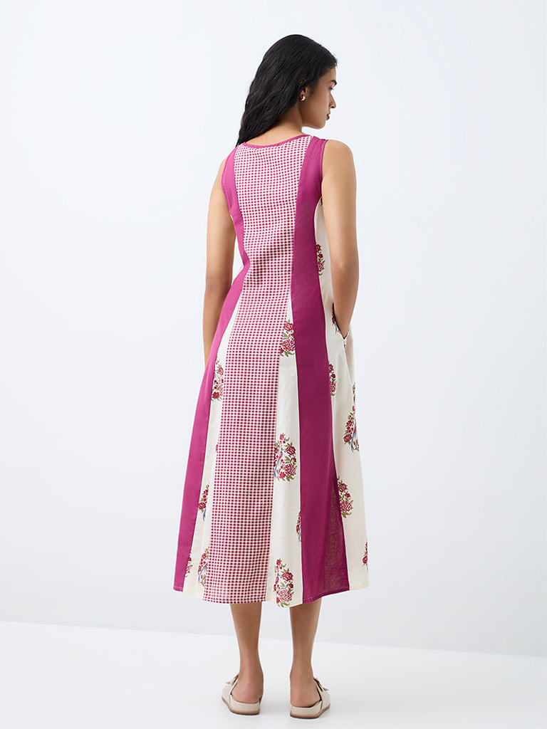Bombay Paisley Fuchsia Colour-Blocked Printed Cotton-Blend A-Line Dress