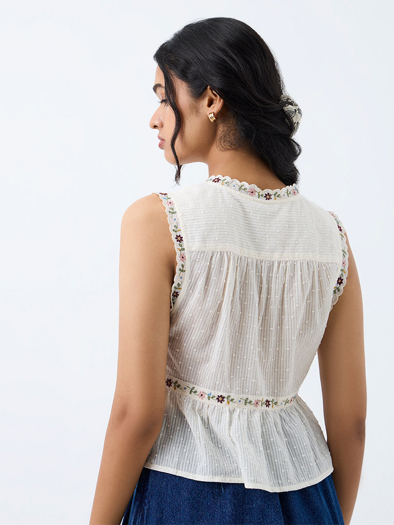 Bombay Paisley White Floral Embroidered Cotton Top