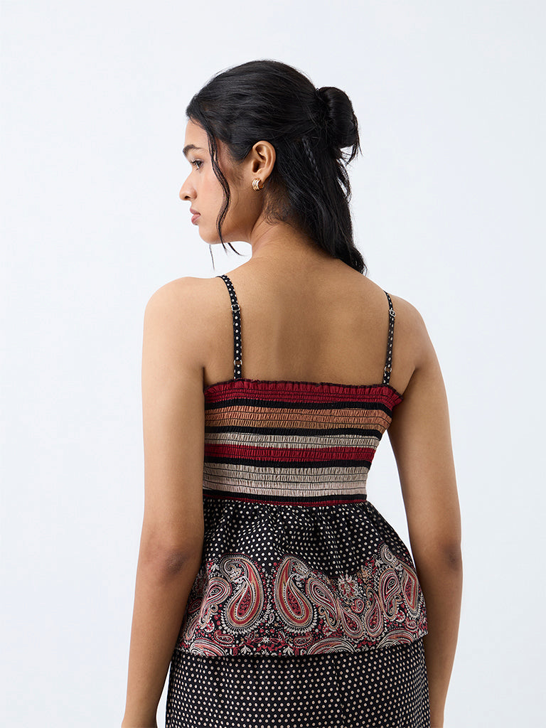 Bombay Paisley Multicolour Printed Smocked Peplum Cotton Top