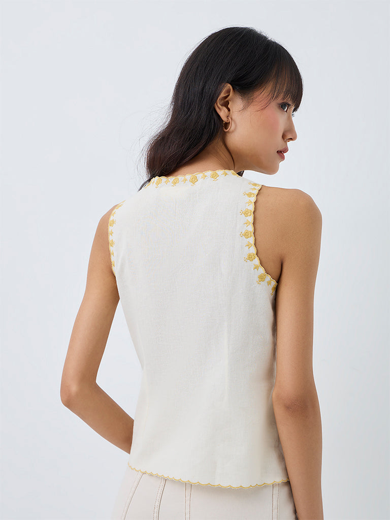 Bombay Paisley White Floral Embroidered Cotton-Blend Top