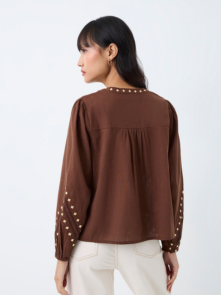 Bombay Paisley Brown Mirror Embroidered Cotton Blouse