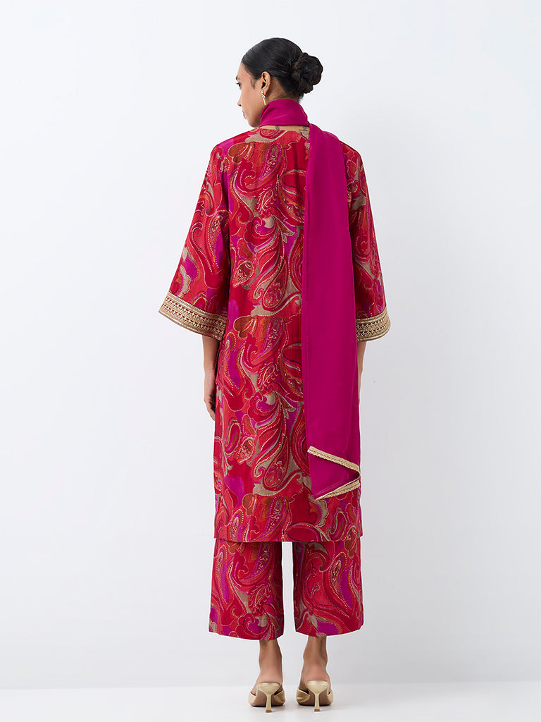 Vark Fuchsia Paisley Printed Straight Ethnic Set