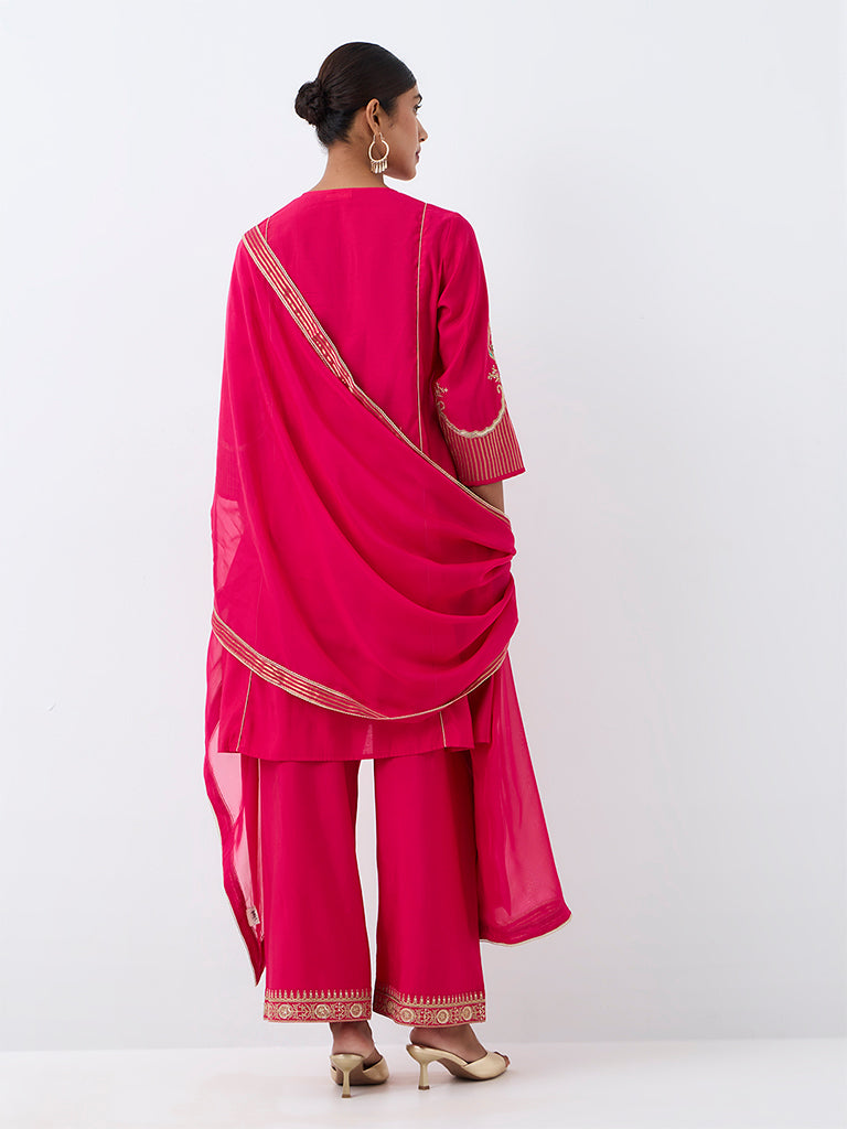 Vark Fuchsia Botanical Embroidered A-Line Ethnic Set