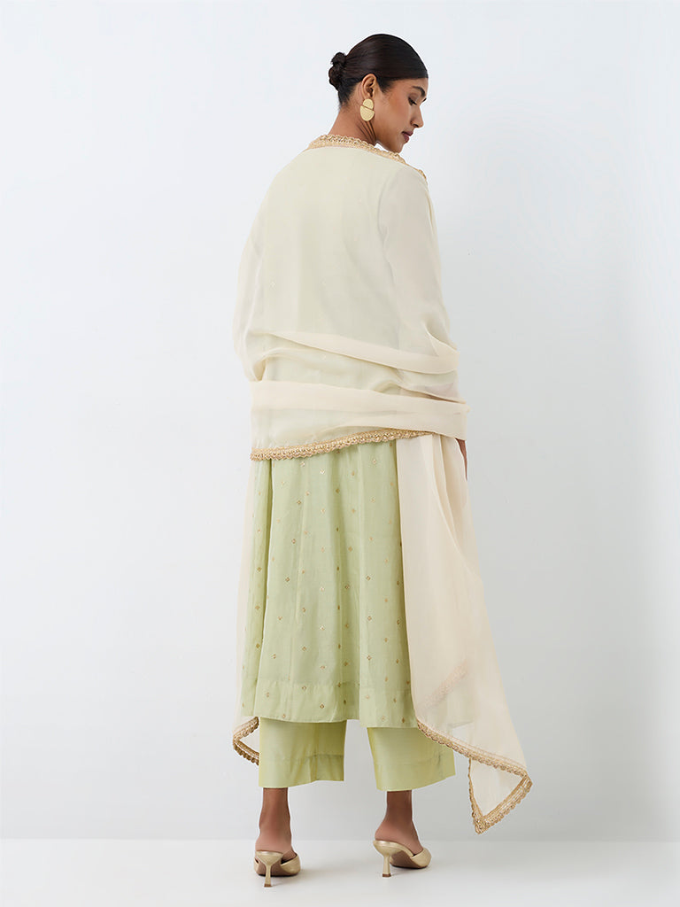 Vark Mint Foliage Embroidered Cotton-Blend A-Line Ethnic Set