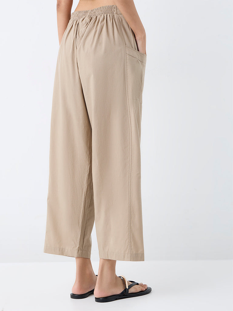 Utsa Light Beige Solid Cotton Pants