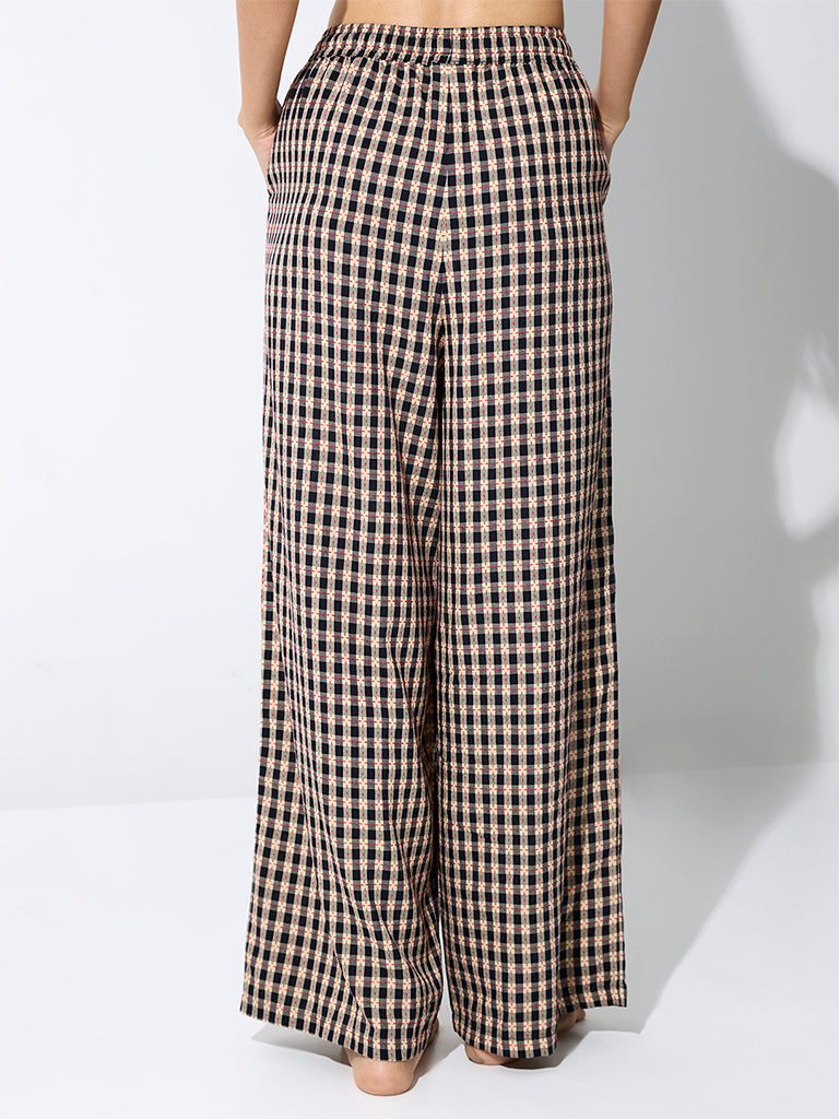 Wunderlove Navy Checkered High-Rise Cotton Pants