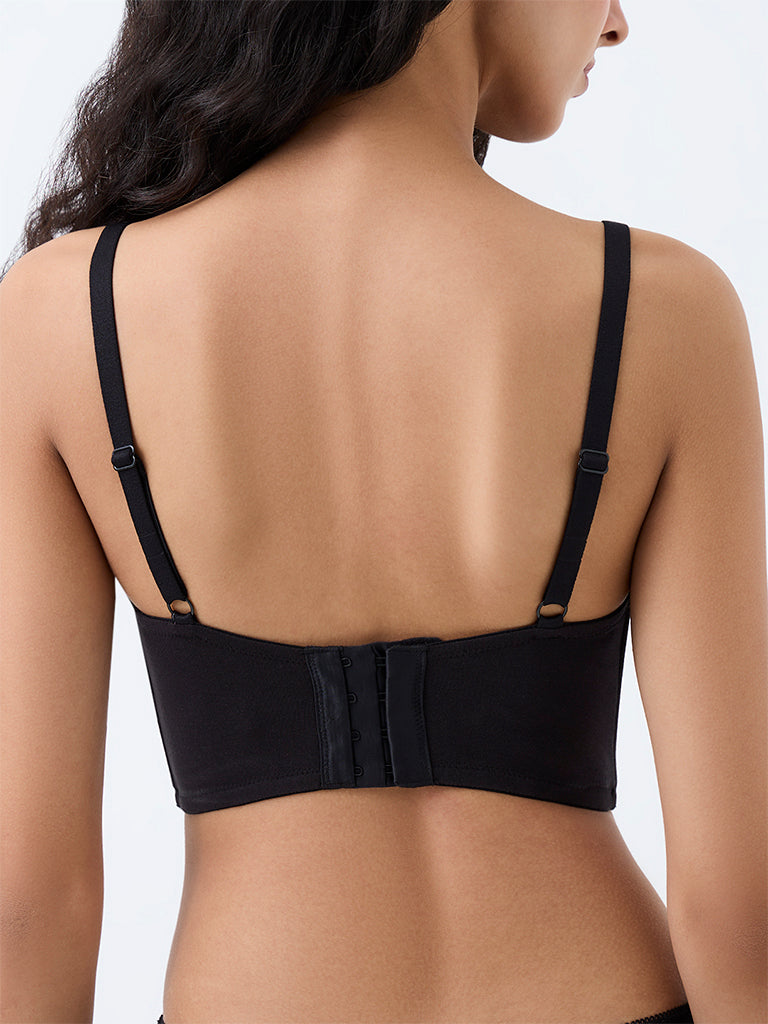 Superstar Black Solid Padded Cotton-Blend Bralette