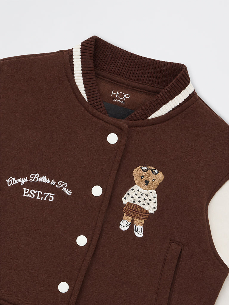 HOP Kids Girls Dark Brown Bear Embroidered Cotton-Blend Varsity Jacket