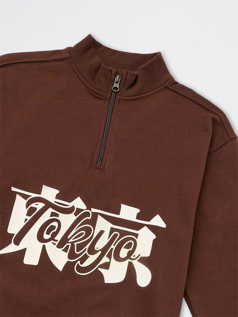 Boys Dark Brown Text Printed Cotton Sweatshirt