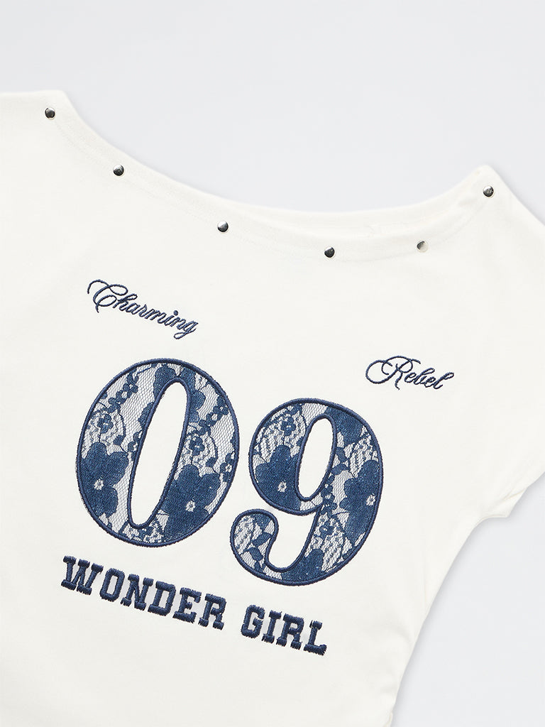 Girls White Embroidered One-Shoulder Cotton-Blend Top