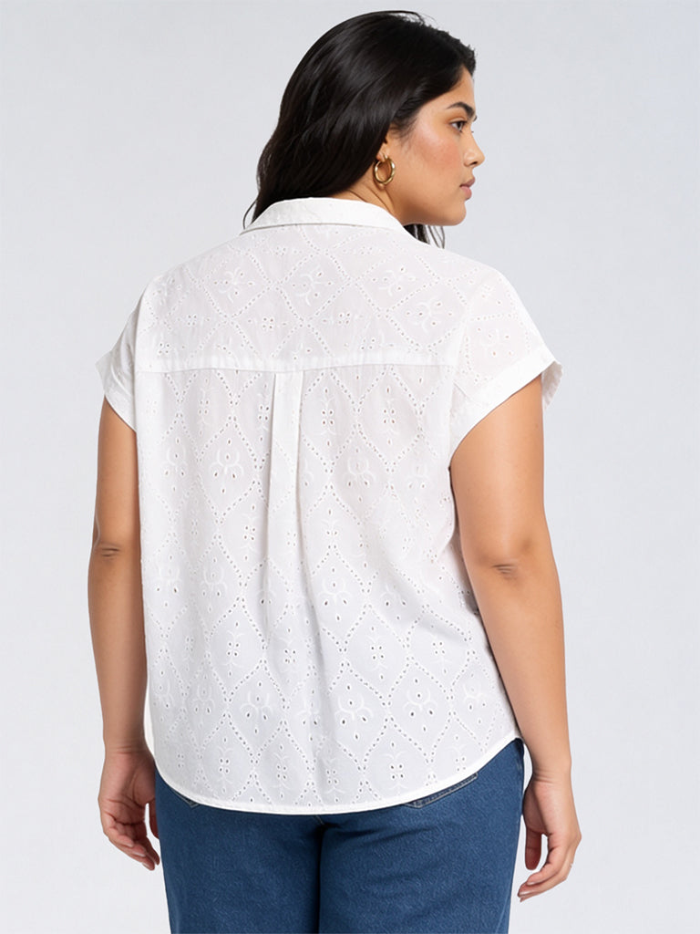 Gia White Schiffli Detailed Cotton Shirt