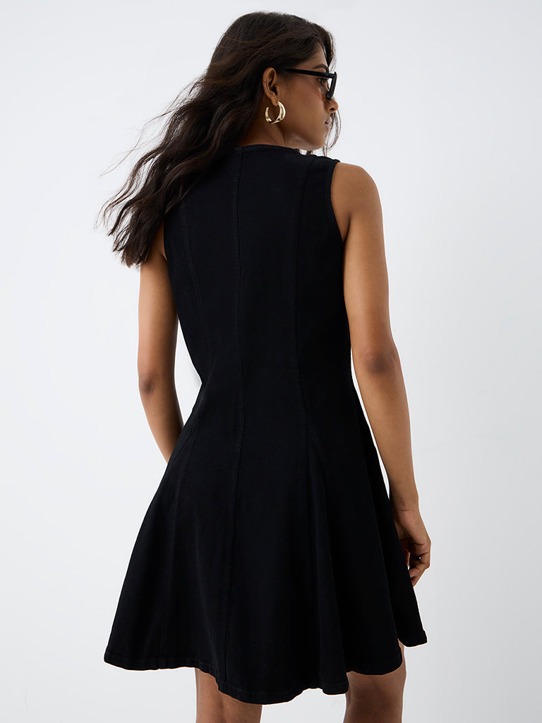 LOV Black Solid Denim A-Line Dress