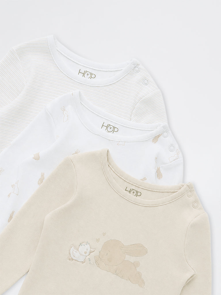 HOP Baby Girls White Animal Printed Cotton Rompers - Pack of 3