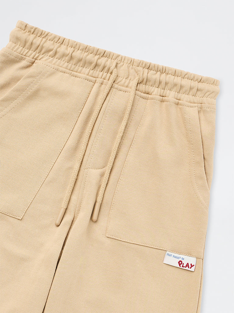 HOP Kids Boys Beige Solid Mid-Rise Cotton Joggers