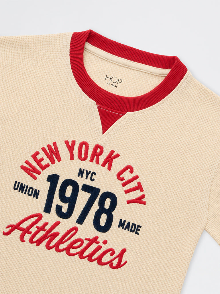 HOP Kids Boys Cream Text Embroidered Waffle-Textured Cotton T-Shirt