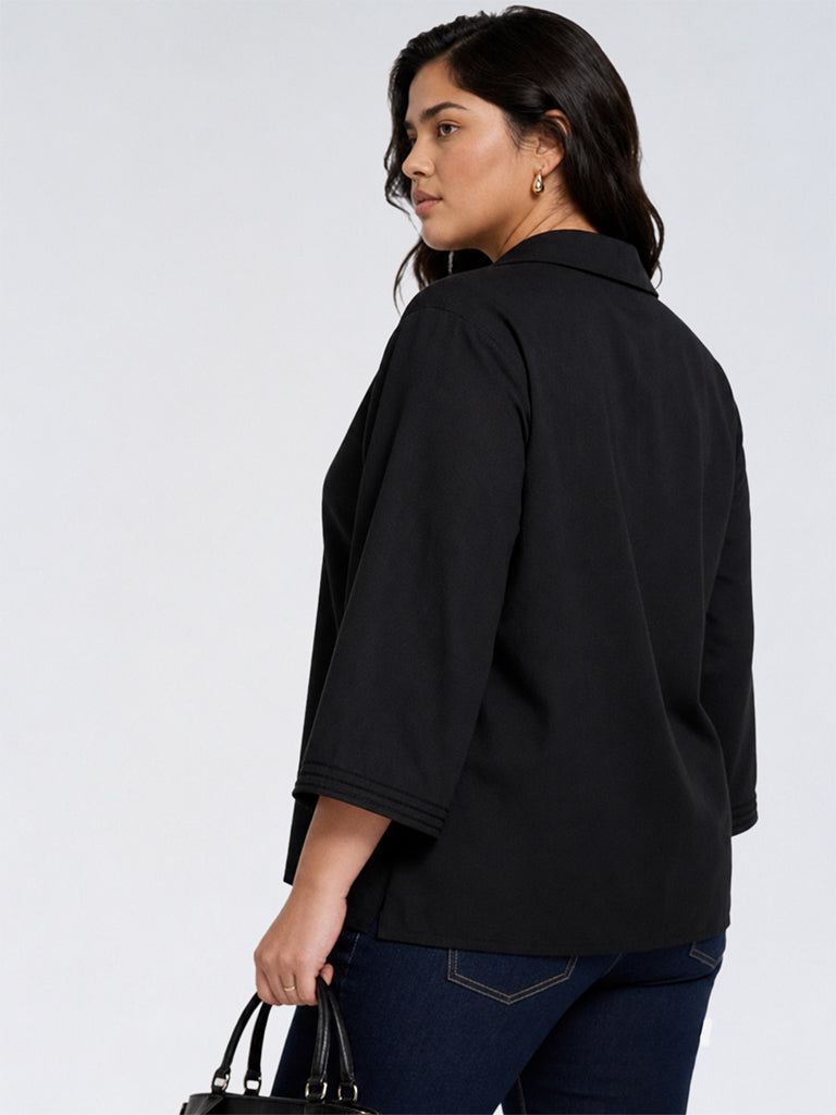Gia Black Solid Linen-Blend Blouse