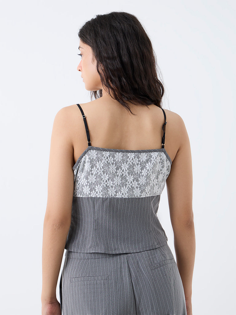 Nuon Grey Floral Lace Tie-Up Detail Top